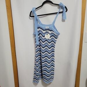 FCT With Love Crochet Wave Knit Slip Dress - Light Blue & Navy, Size XL-JR